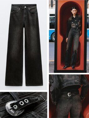 NWT ZARA Wide Leg Black Jeans Rear Tab Metal Buckle Size 0